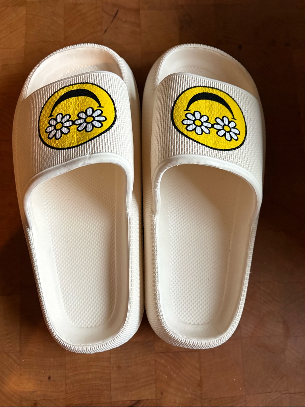 White Slide Sandals with Yellow Daisy Smile Graphic New without tags
